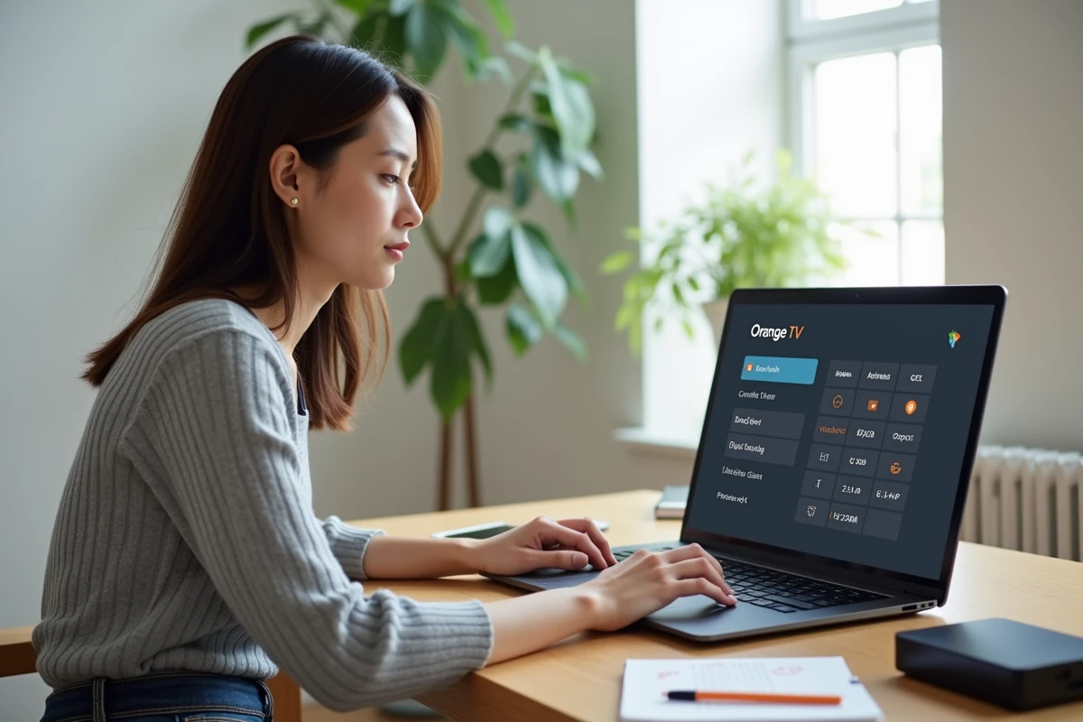 Femme configurant un enregistrement programmé sur l'interface Orange TV depuis son ordinateur portable dans un bureau à domicile