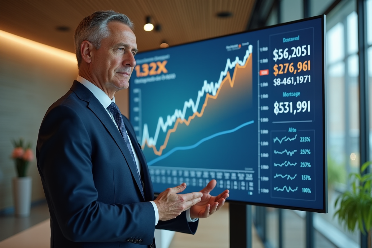 Conseiller bancaire montre taux et graphiques de prêt immobilier