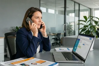 Conseillère professionnelle du SAV Darty au téléphone dans un bureau moderne pour les entreprises