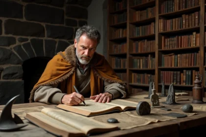 Consultant historique étudiant des artefacts vikings et manuscrits anciens dans une archive universitaire