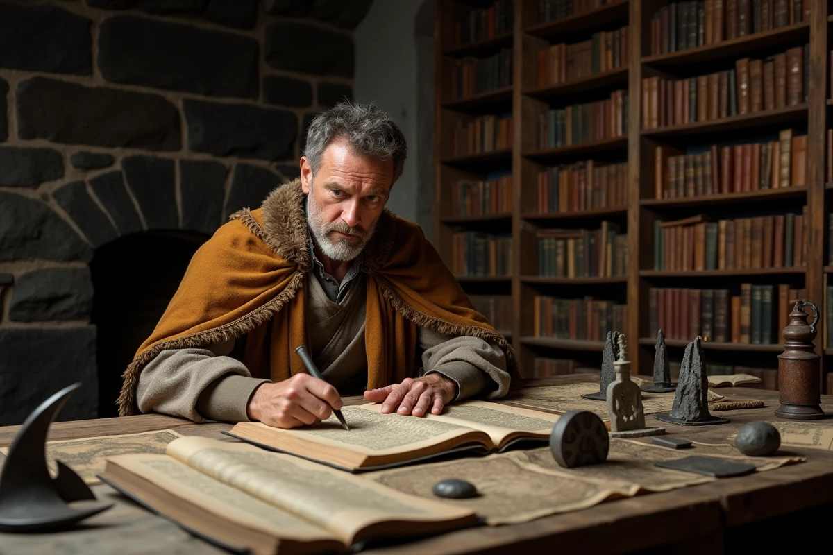 Consultant historique étudiant des artefacts vikings et manuscrits anciens dans une archive universitaire