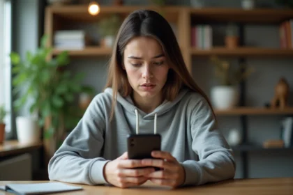 Jeune femme regardant son smartphone avec une expression curieuse et anxieuse, illustrant la tentation de consulter anonymement une story Snapchat