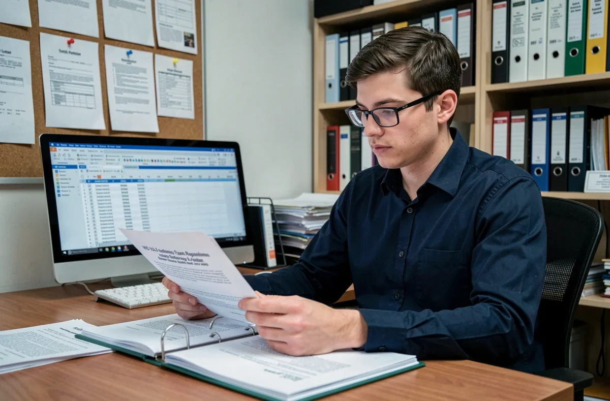Coordinateur jeunesse étudiant le cadre légal et les obligations réglementaires de l'animation, assis à un bureau administratif