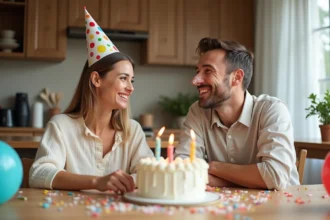 Couple joyeux célébrant un anniversaire rigolo à la maison avec gâteau et confettis
