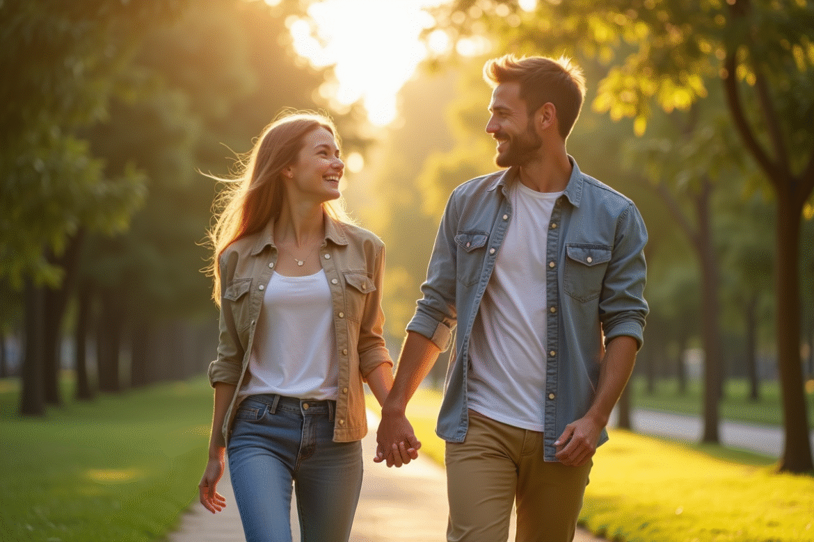 Couple heureux se tenant la main dans un parc ensoleille