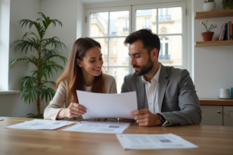 Jeune couple français examine documents de prêt immobilier