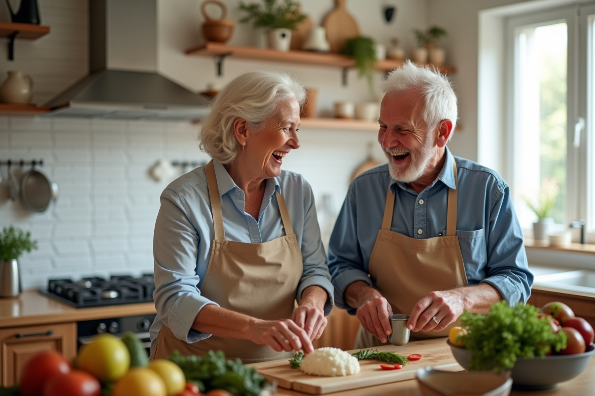 Couple senior riant en préparant un repas dans la cuisine