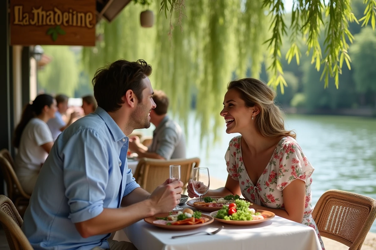 Couple souriant attablé à la guinguette La Madeleine au bord de la rivière avec des assiettes de charcuterie et salade