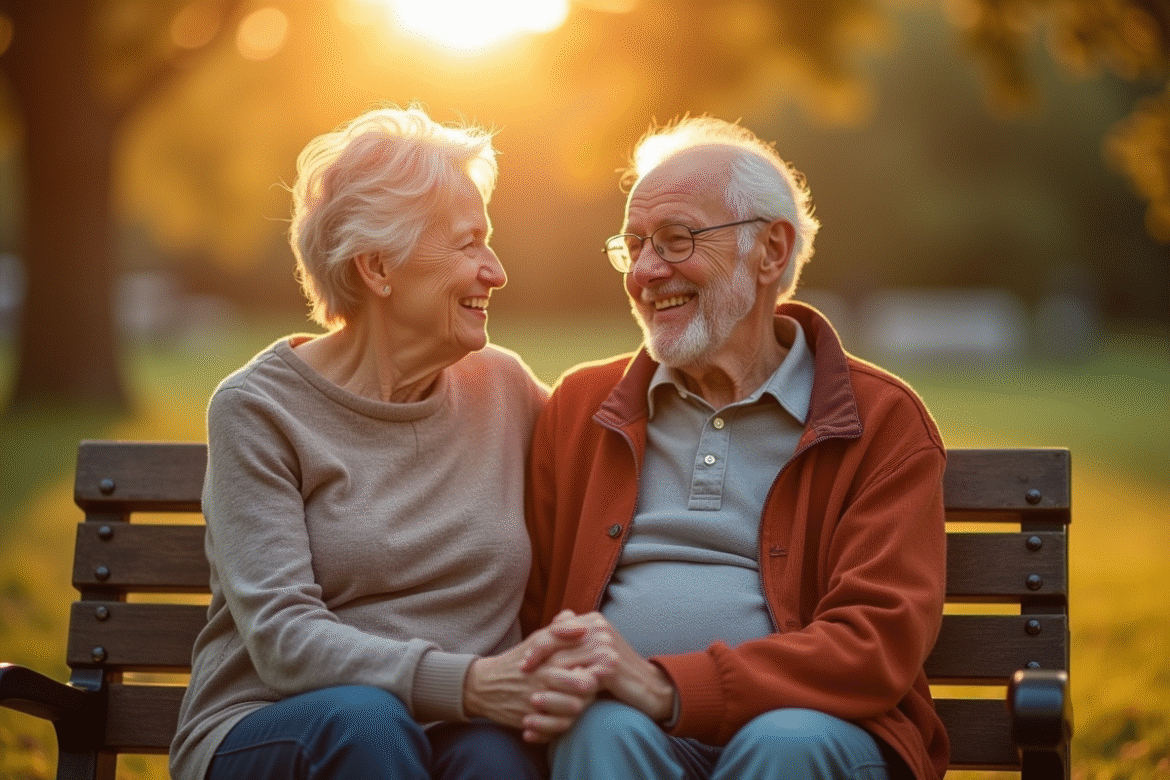 Couple senior assis sur un banc ensoleille dans un parc