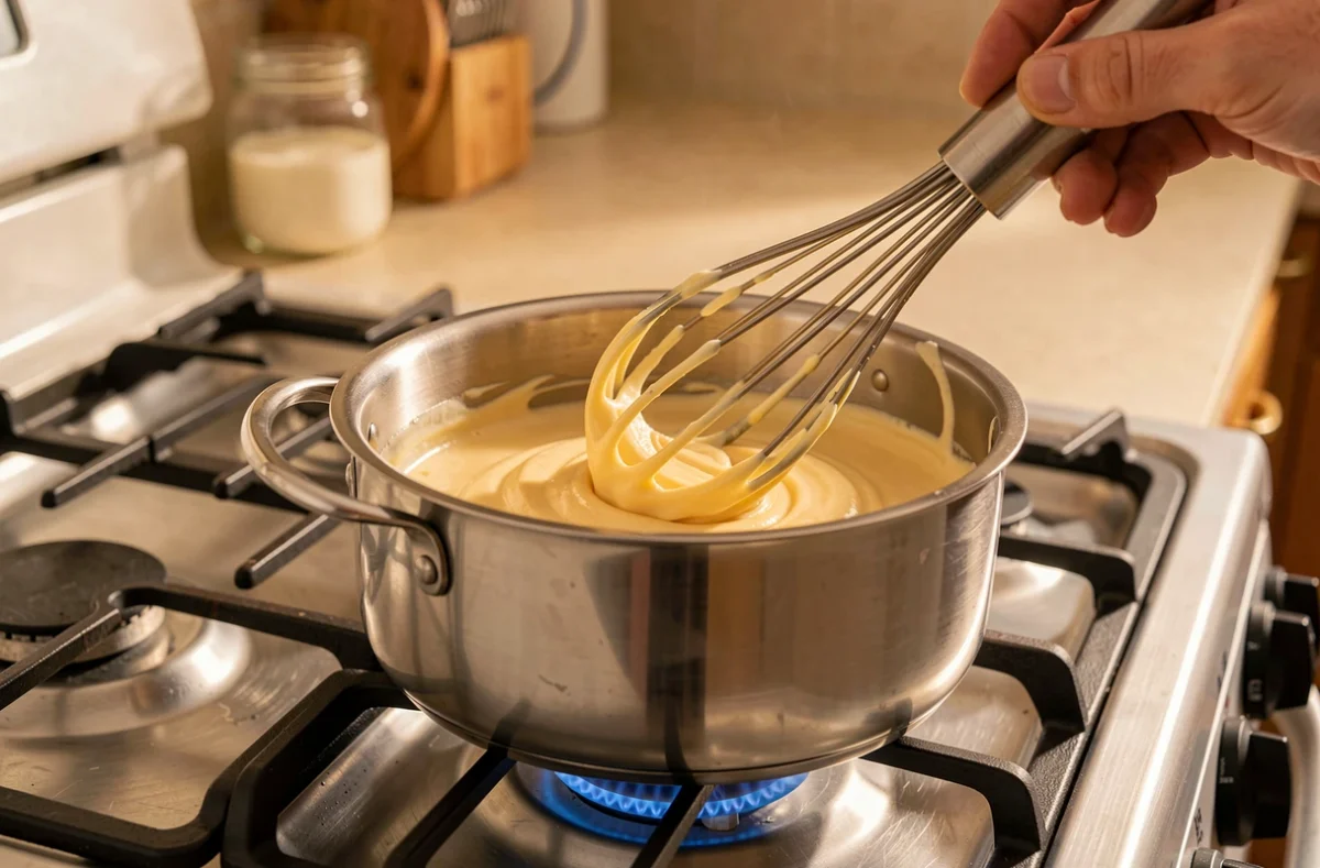 Crème pâtissière qui épaissit dans une casserole sous le fouet