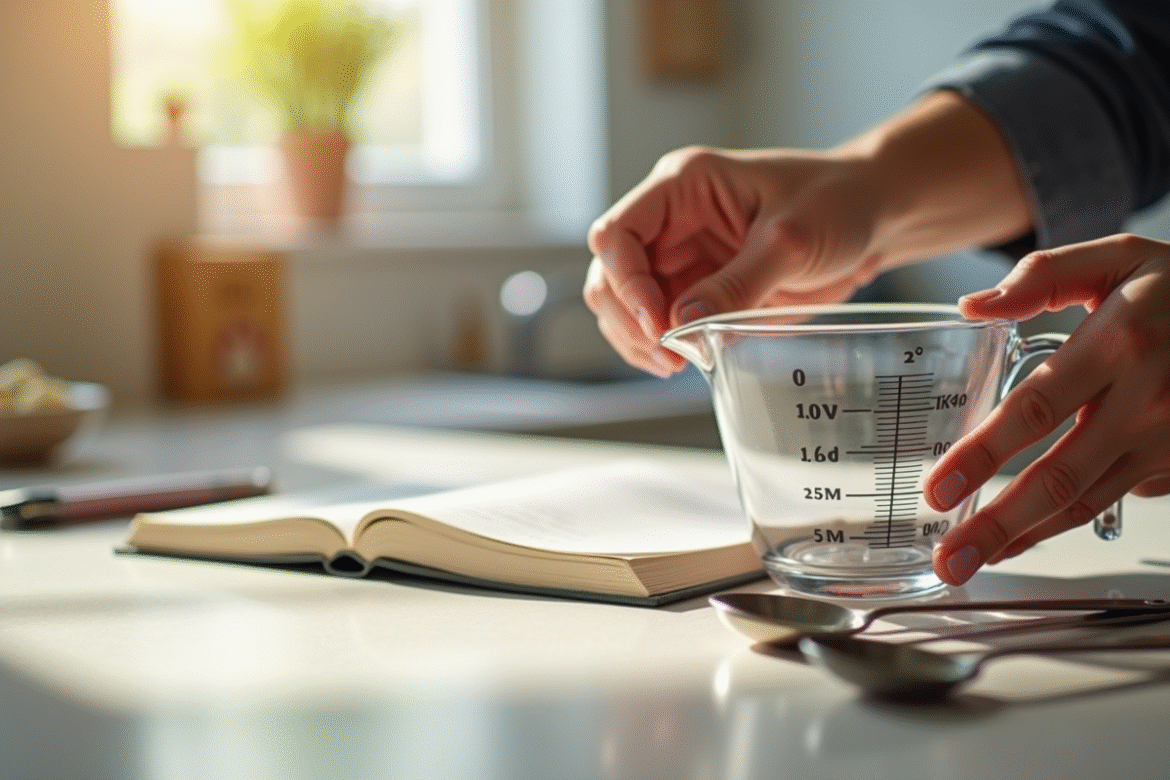 Préparation en cuisine avec des mesures et livre de recettes