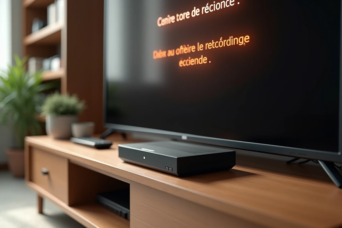 Décodeur Orange TV posé sous un écran affichant un message de confirmation d'enregistrement programmé dans un salon