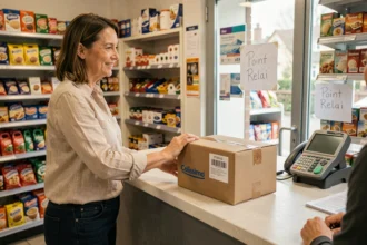 Femme déposant un colis Colissimo dans un point relai de proximité