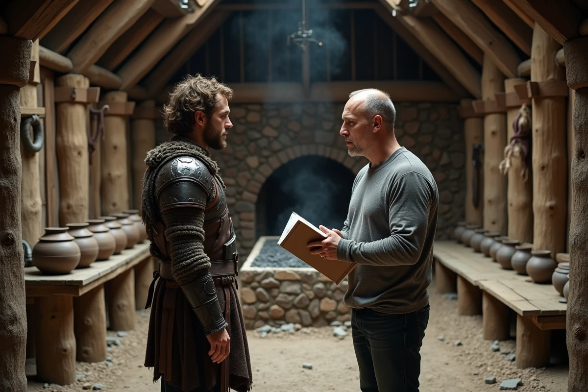 Directeur de production et acteur costumé en guerrier viking discutant de l'authenticité historique sur un décor de longhouse nordique