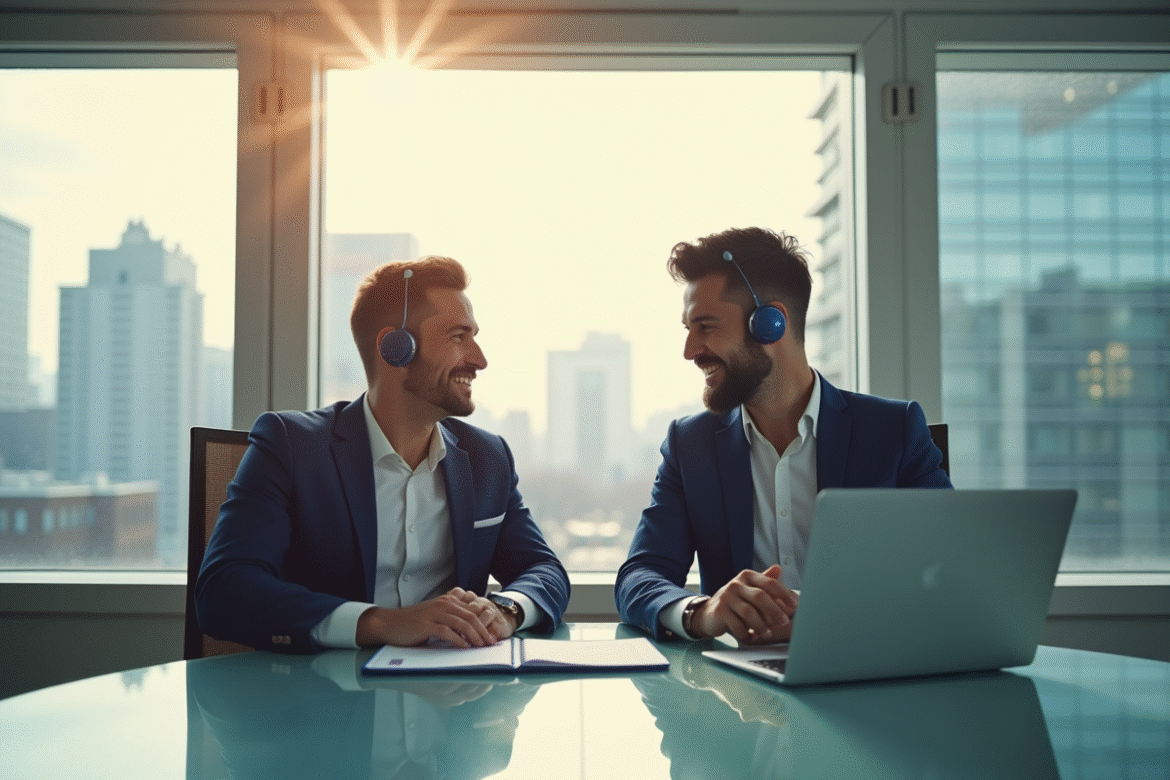 Deux personnes de pays différents discutent avec traducteurs sans fil