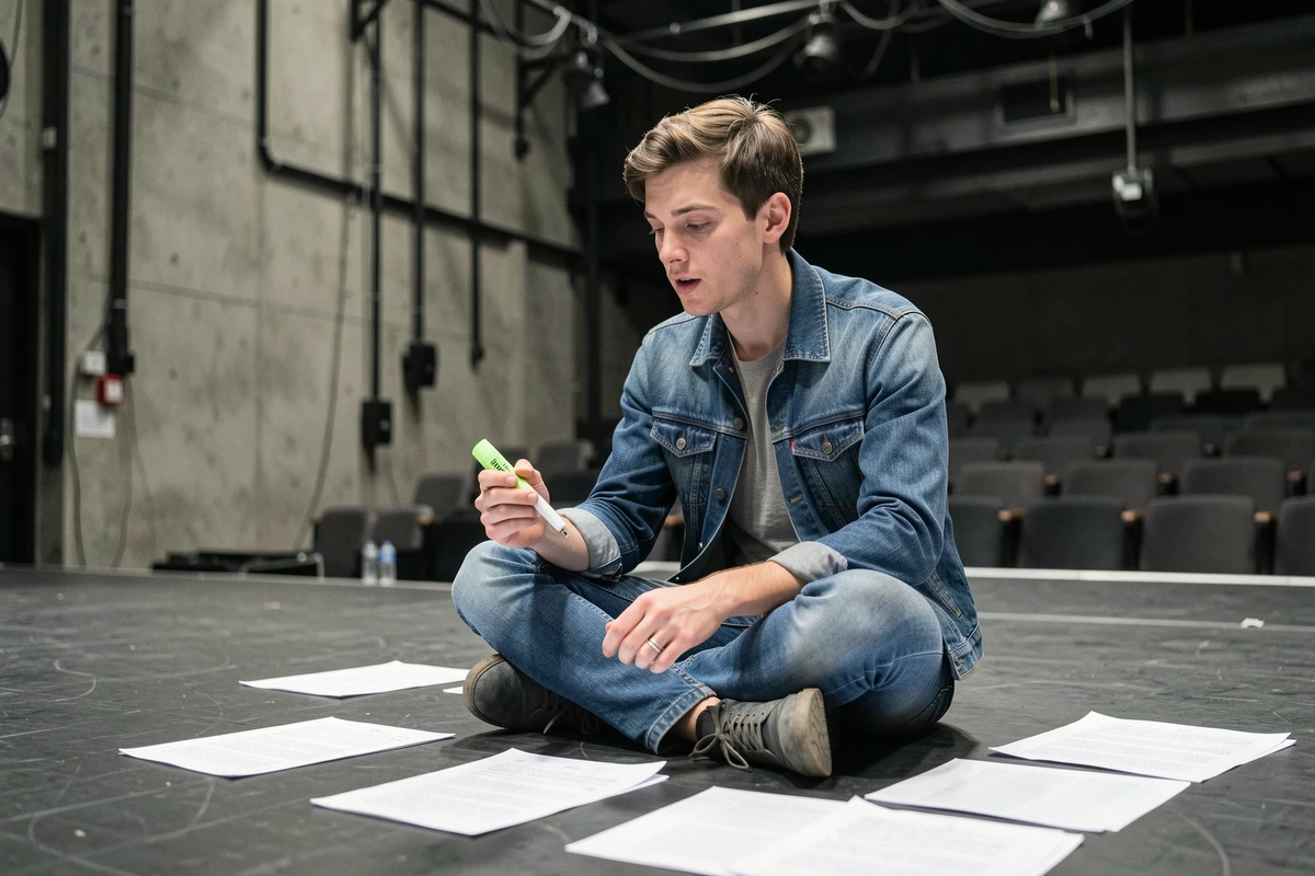 Dramaturge contemporain étudiant des didascalies sur le plateau d'un théâtre en boîte noire