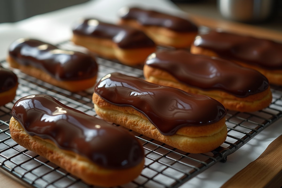 Eclairs au chocolat bien alignés sur un grille de refroidissement