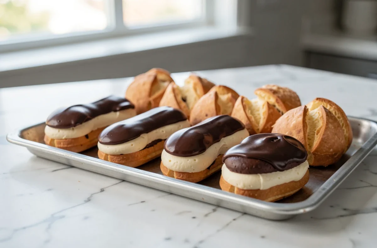 Éclairs et choux garnis de crème pâtissière sur un plan de travail