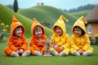 Enfants en costumes colorés jouant avec un moulin à vent