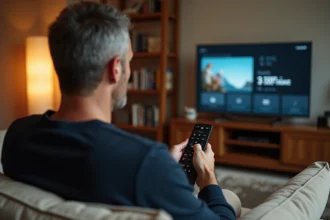 Homme utilisant la télécommande Orange pour accéder au menu d'enregistrement sur sa télévision dans un salon moderne