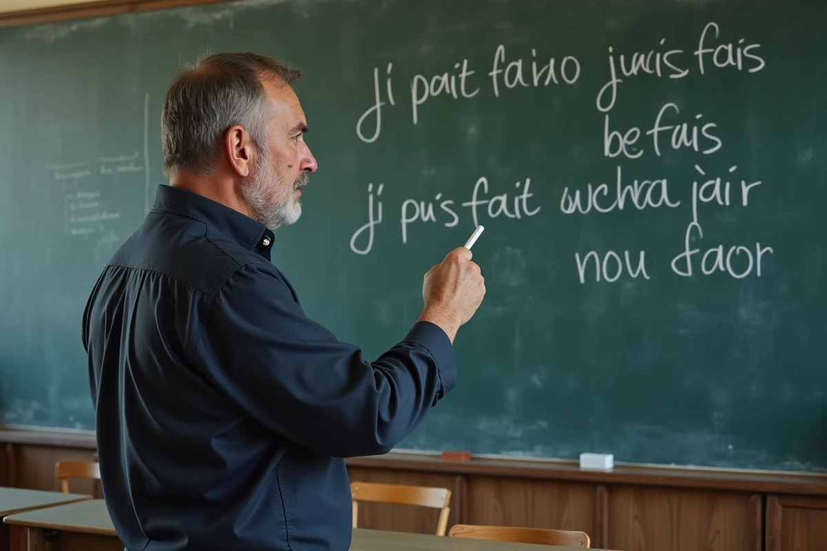 Enseignant expliquant la conjugaison des verbes français au tableau noir dans une salle de classe