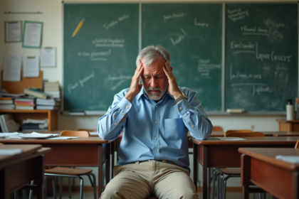 Professeur fatigué dans une salle de classe usée