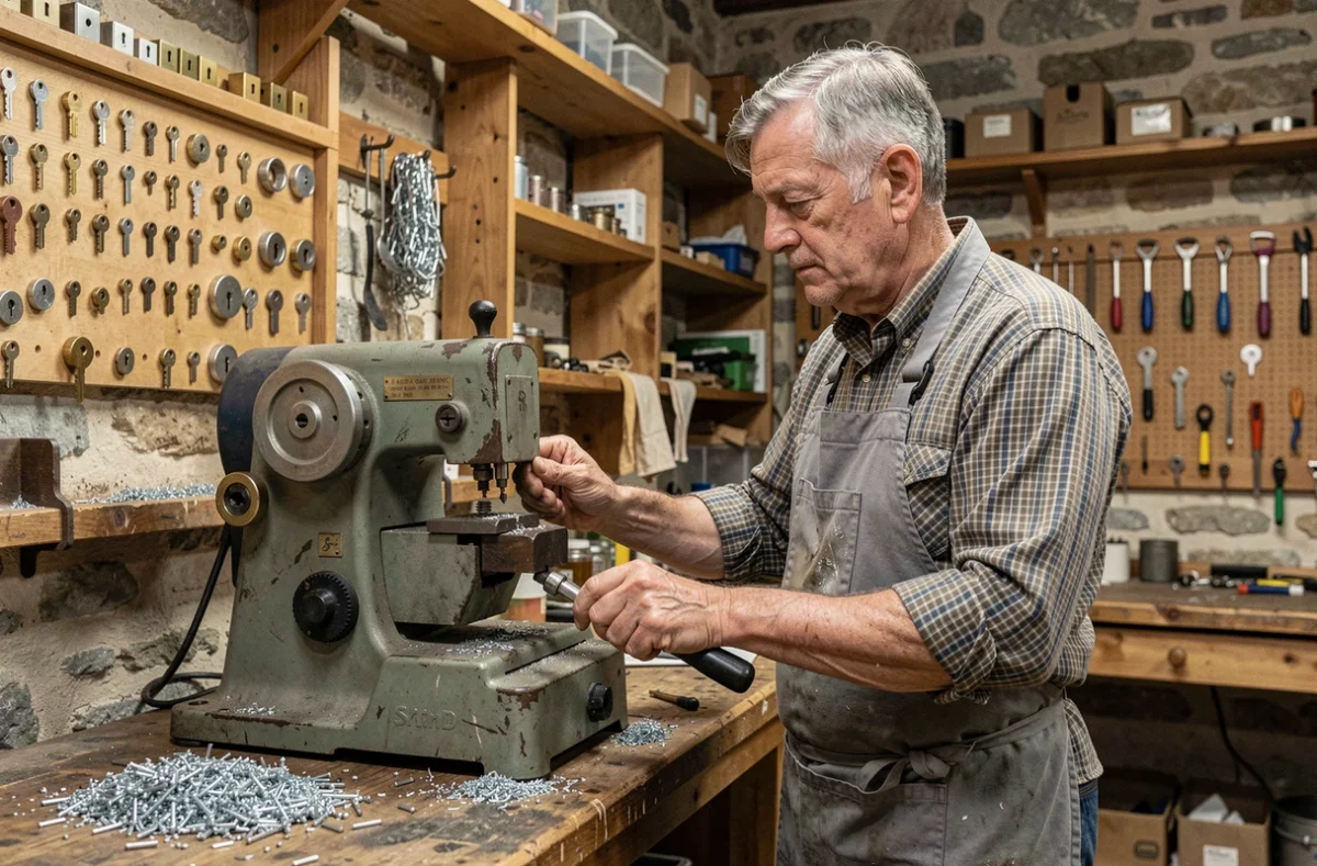 Établissements Kaiser, artisan serrurier expérimenté dans un atelier alsacien traditionnel avec machine à tailler les clés