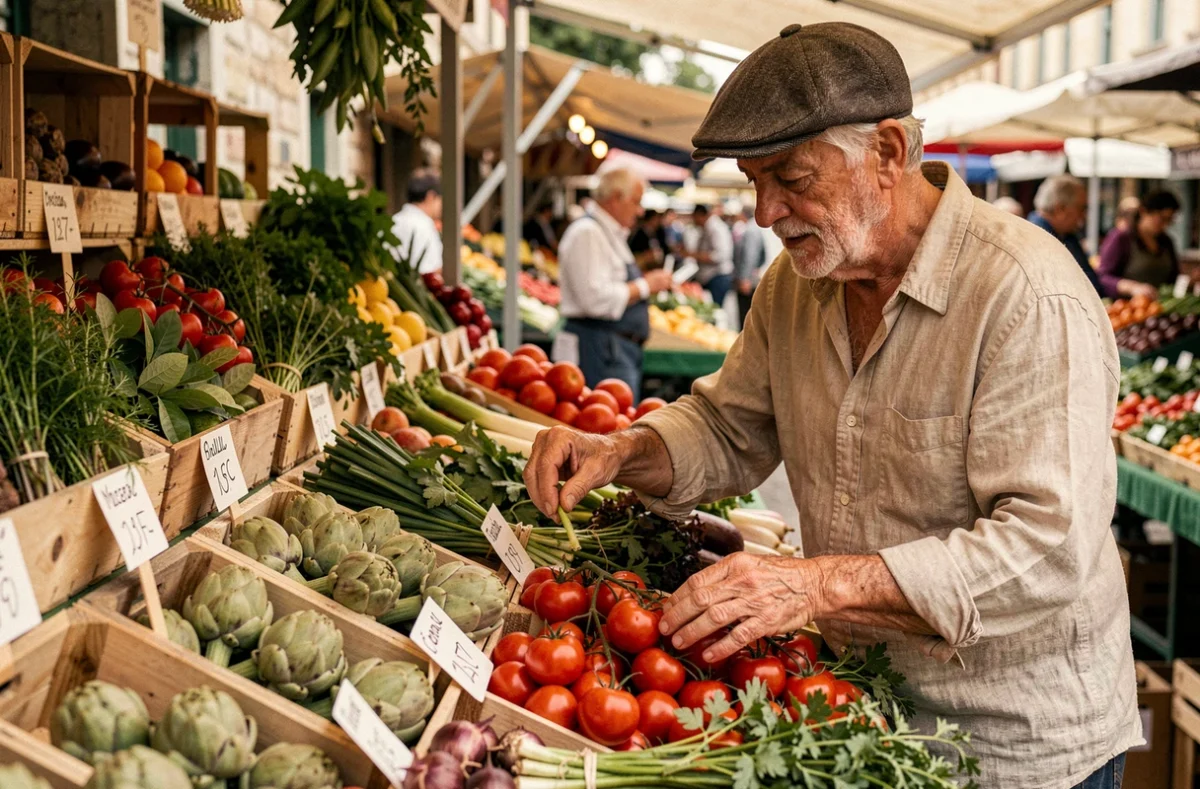 Étal de légumes frais au marché breton avec maraîcher local arrangeant ses produits de saison
