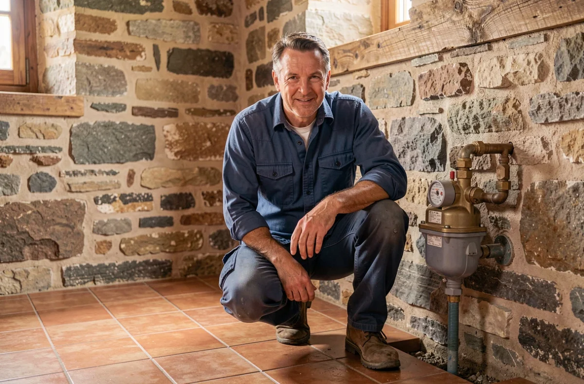 Plombier Etienne Services intervenant chez un particulier dans une maison en pierre du Puy-de-Dôme
