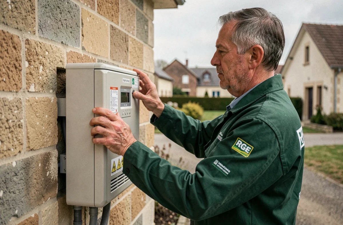 Technicien certifié RGE de l'EURL RM Energie installant une pompe à chaleur sur une maison résidentielle à Valentigney dans le Doubs