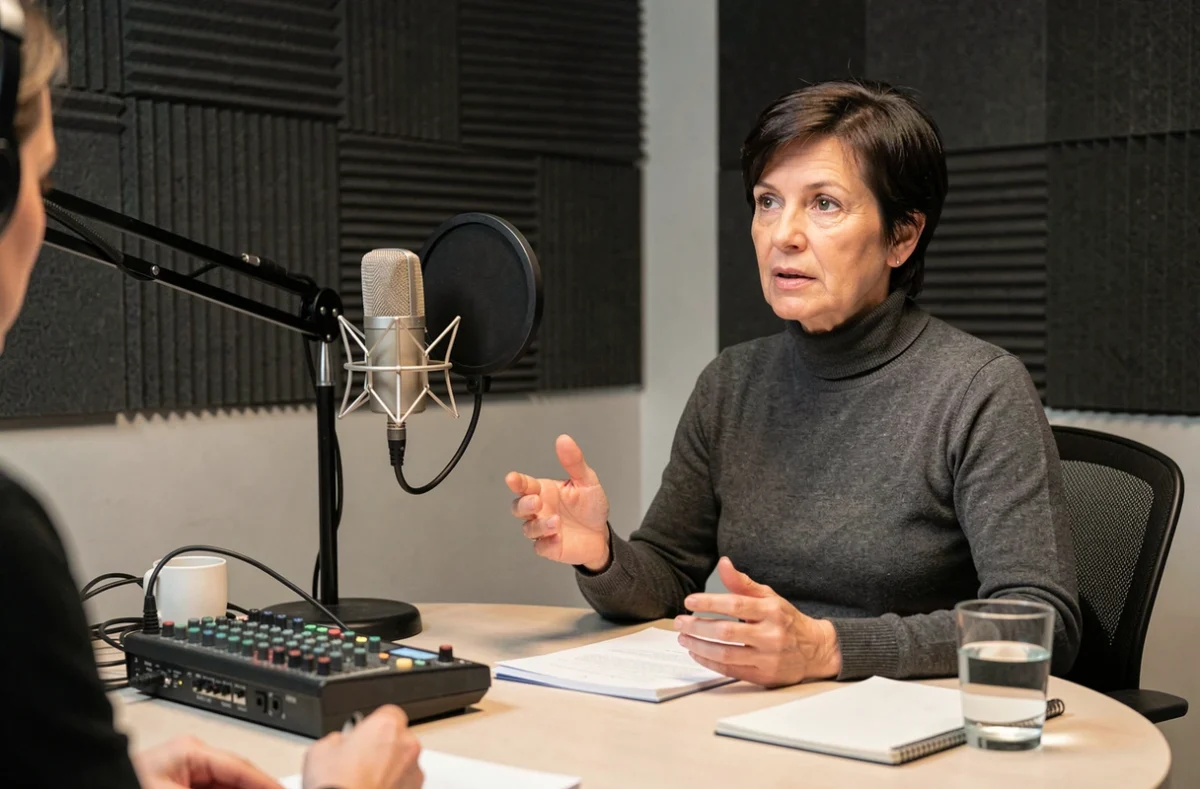 Experte géopolitique en studio radio discutant des relations entre la Russie et l'Europe avec des notes de recherche