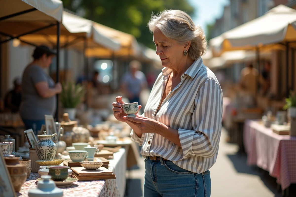 Exposante examinant un objet céramique sur un stand de braderie en plein air dans le Nord