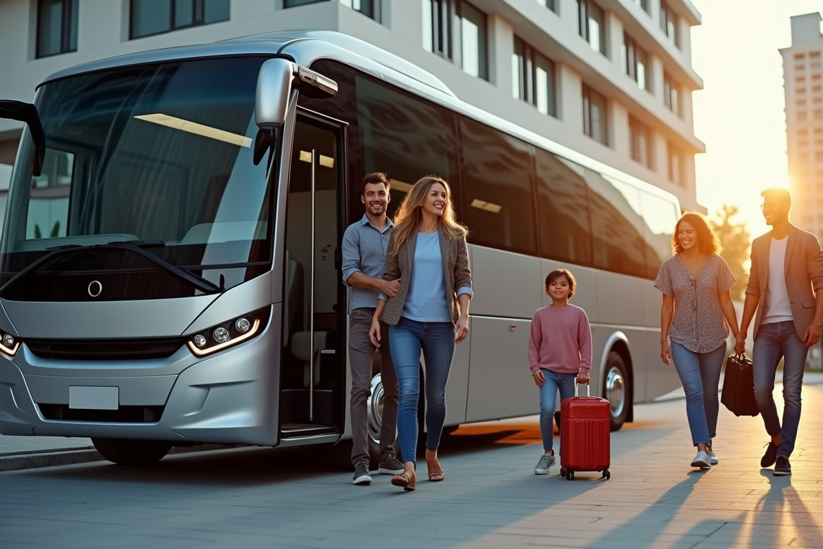 Famille et amis embarquant dans un minibus devant un bâtiment moderne
