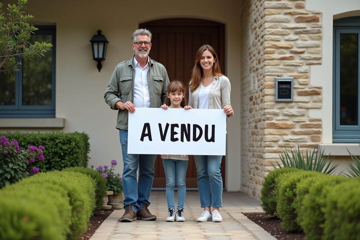 Famille heureuse devant leur maison avec panneau vendu
