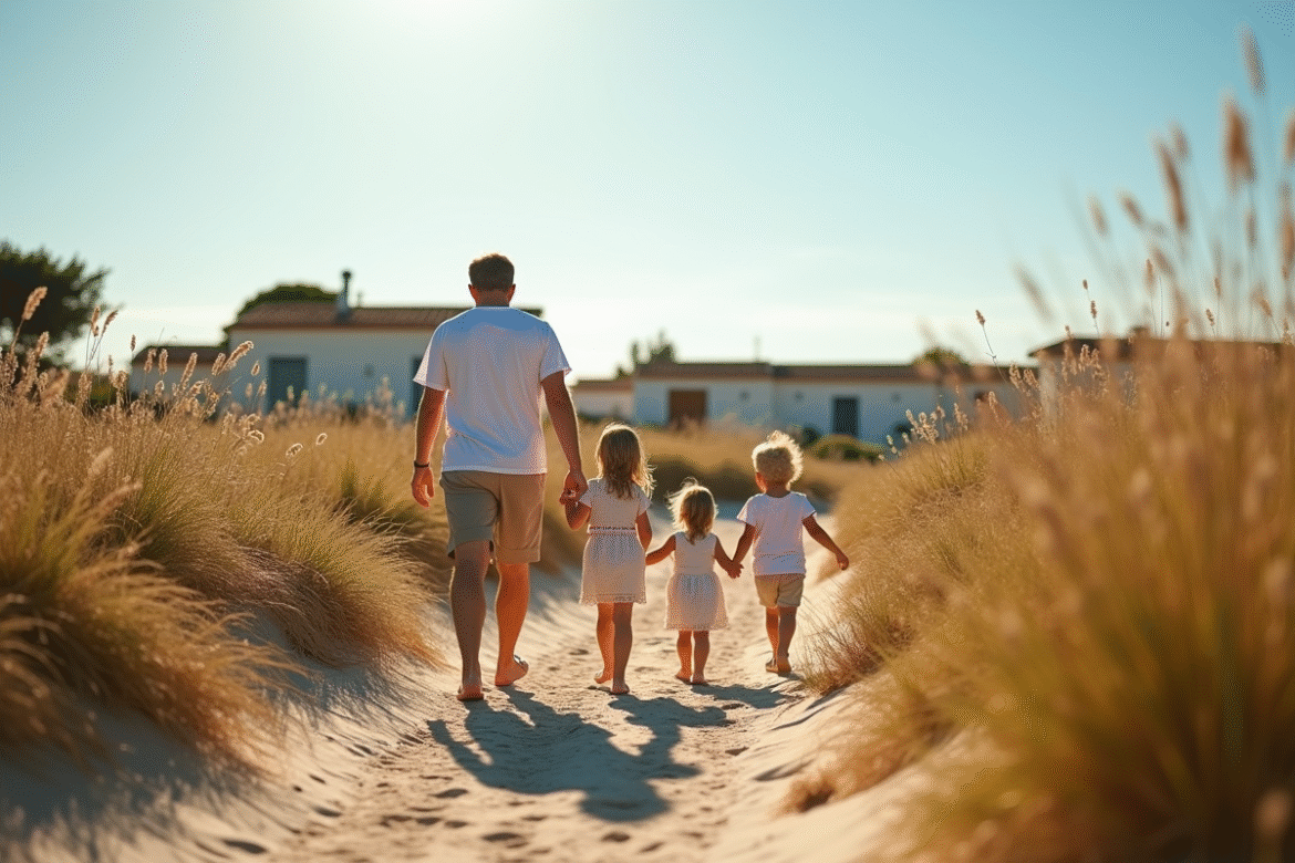 Famille joyeuse marchant vers un village de vacances au lever du soleil