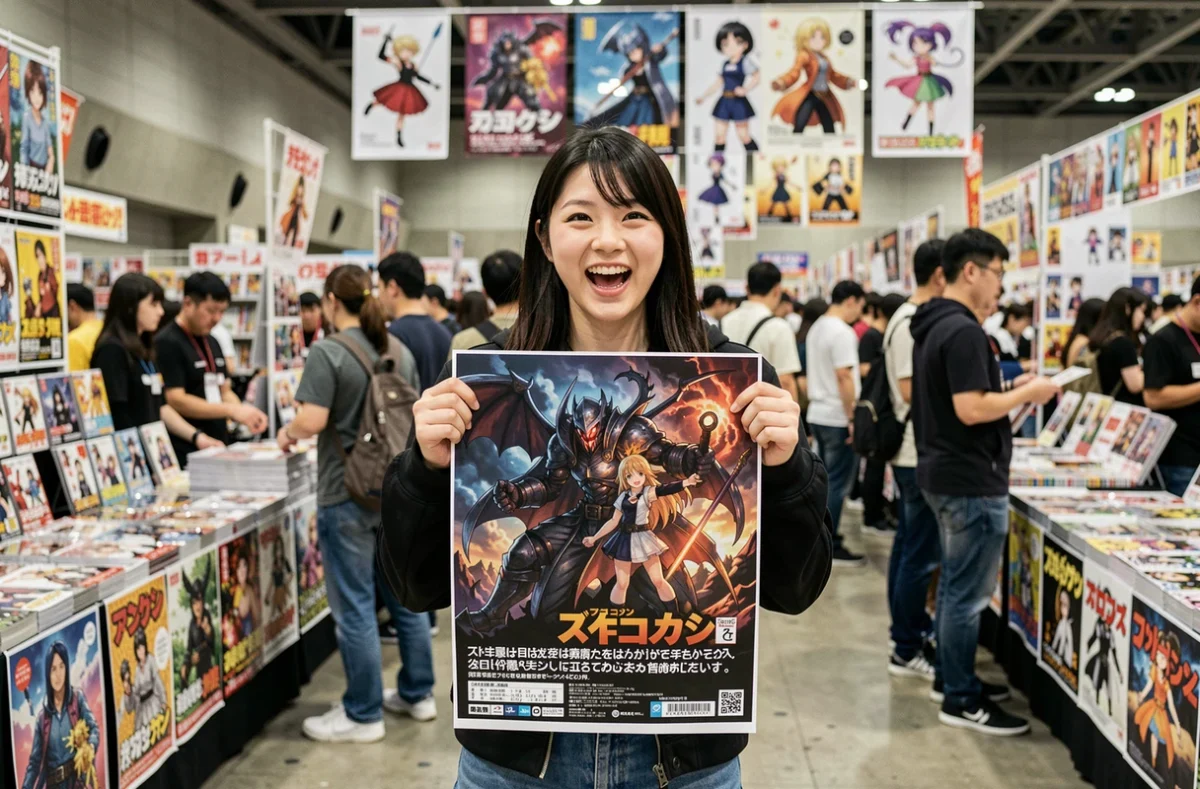 Jeune femme fan de manga isekai tenant une affiche illustrée dans un salon de la culture manga japonaise