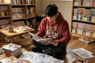 Fan de manga en hoodie rouge lisant un volume de One Piece entouré de mangas éparpillés dans un appartement cosy