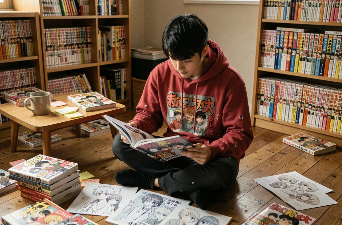 Fan de manga en hoodie rouge lisant un volume de One Piece entouré de mangas éparpillés dans un appartement cosy