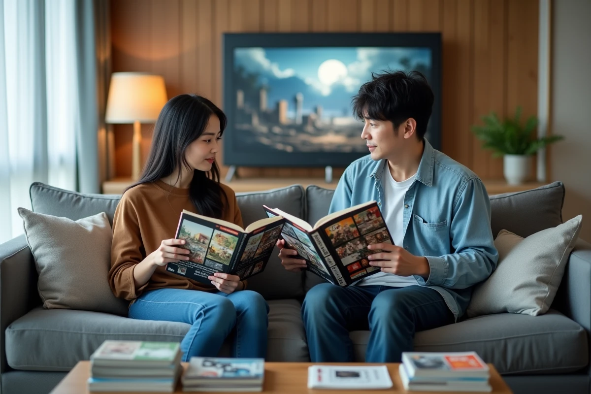 Deux fans adultes comparant le manga Tengoku Daimakyou avec l'anime saison 2 dans un salon moderne