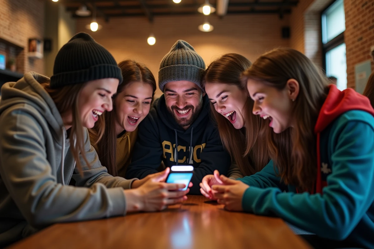 Groupe de jeunes fans réunis dans un café réagissant avec enthousiasme à une publication sur les réseaux sociaux, symbolisant la fascination des abonnés pour la relation de GMK et sa copine