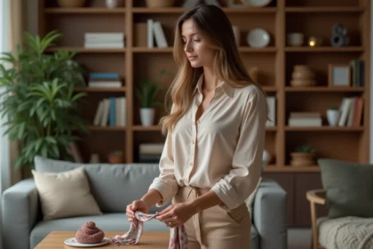 Femme élégante choisissant un foulard en intérieur