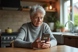 Femme d'une cinquantaine d'années tenant un smartphone affichant un numéro inconnu en 04 83, expression inquiète dans une cuisine domestique
