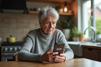 Femme d'une cinquantaine d'années tenant un smartphone affichant un numéro inconnu en 04 83, expression inquiète dans une cuisine domestique