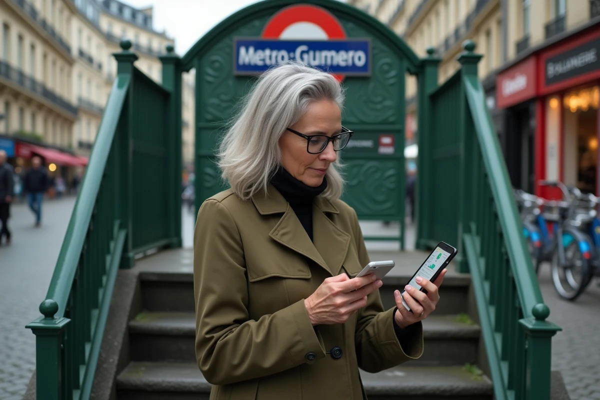 Femme utilisant l'application RATP sur smartphone devant une entrée de métro parisien avec arche Guimard
