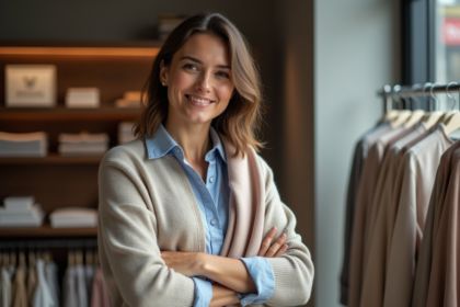 Femme examinant des vetements en boutique moderne