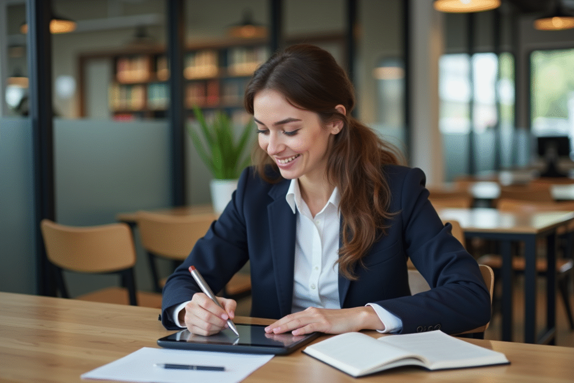 Femme professionnelle en réunion de travail dans un bureau moderne