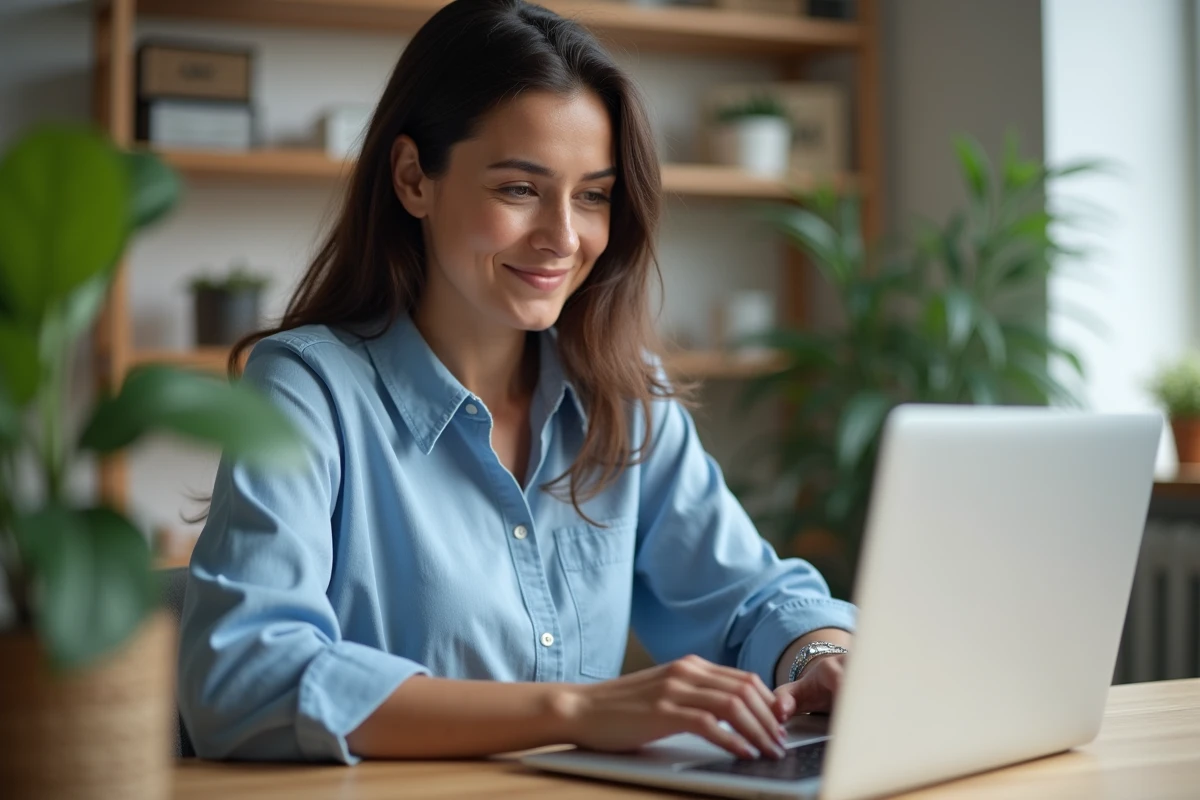 Femme au bureau en ligne dans un espace moderne