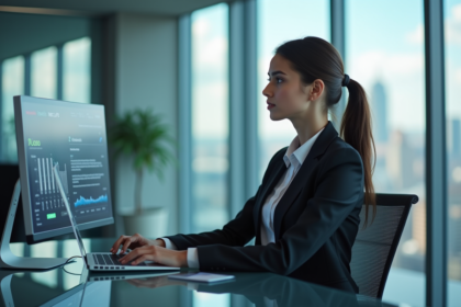 Jeune femme en costume dans un bureau moderne avec tableau de securite