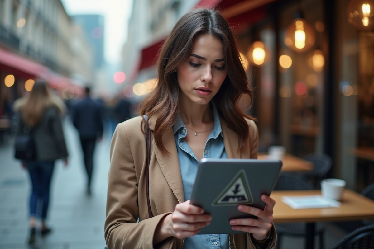 Jeune femme avec tablette affichant un symbole blockchain dans un café urbain