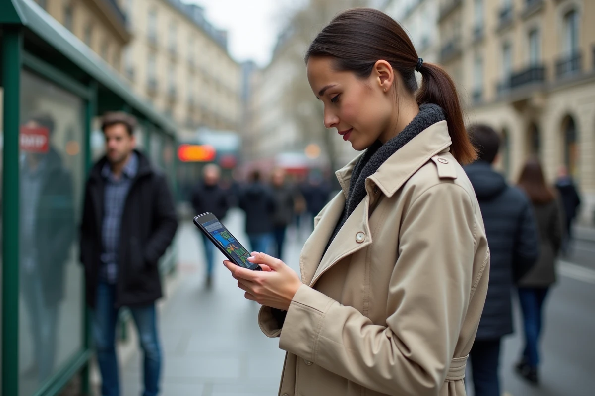 Femme consultant une carte des bus Paris en temps réel sur son smartphone à un arrêt de bus RATP